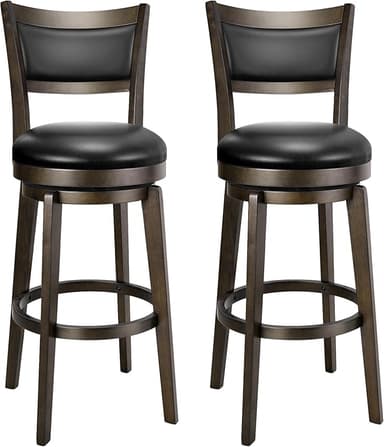 PrimeZone Swivel Bar Stools Set of 2, 30 Inch Bar Height Barstools, Black Faux Leather Bar Stool with High Backrest & Solid Wood Legs & Wrap-Around Footrest, Counter Stools for Kitchen Island, Pub - Image 1