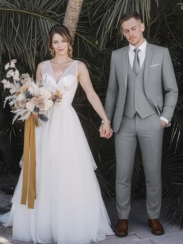 WEEN CHARM Suits for Men,3 Piece Slim Fit Suit Set with 2-Button Blazer,Vest,Pants,Tuxedo for Wedding,Prom,Party,Business Light Grey - Image 3