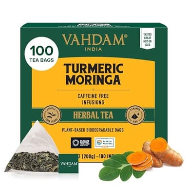 VAHDAM, Turmeric Moringa Tea Bags (100 Herbal Tea Bags) Caffeine Free, Non GMO | 100% Pure Herbal Blend - Sweet & Earthy | Resealable Ziplock Pouch - Image 1