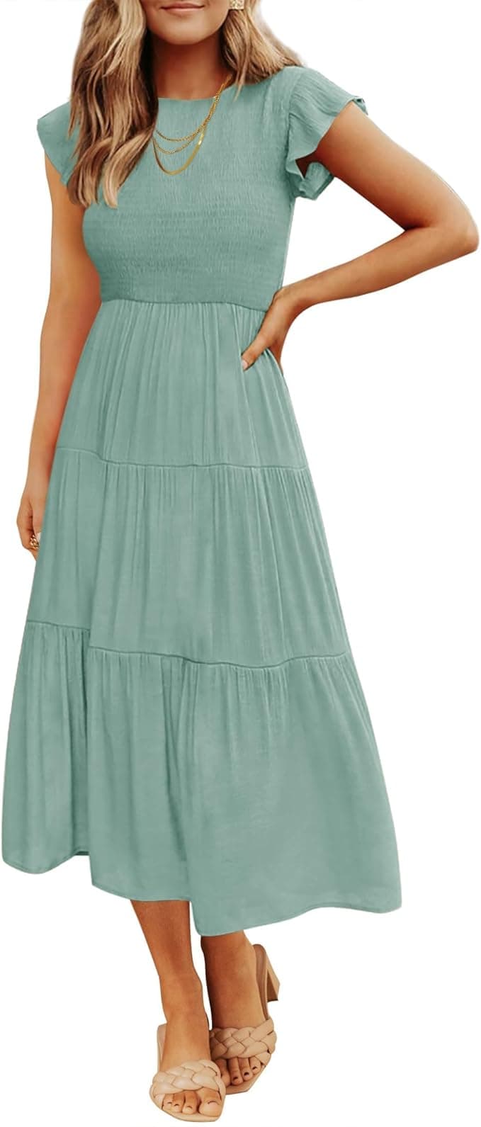 ZESICA Women's 2026 Summer Casual Flutter Short Sleeve Crew Neck Smocked Elastic Waist Tiered Midi Dress - Image 1