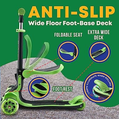 3 Wheel Scooter for Kids with Foldable Seat, Adjustable Handlebar Height, Lean-to-Steer Ride On Toy for Kids Ages 2+, Light-Up LED Wheels, Wide Anti Slip Deck, Indoor & Outdoor Use, Green - Image 4