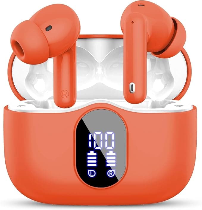 Wireless Earbuds, Bluetooth 5.4 Headphones Bass Stereo, Ear Buds with Noise Cancelling Mic LED Display, IP7 Waterproof in Ear Earphones, 36H Playtime for Laptop Pad Phones Sports Workout, Orange(2025 - Image 1