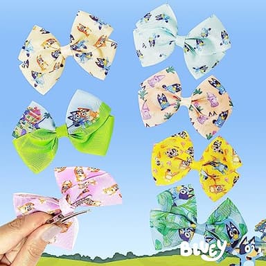 Bluey Kids Hair Bows - Hair Accessories Gift Set - Bluey Hair Bow - 7 Pcs 4 Inch Bow Bundle - HairBows for Girls - Different Bluey print on each clip - Alligator Clip - Ages 3 + - Image 6