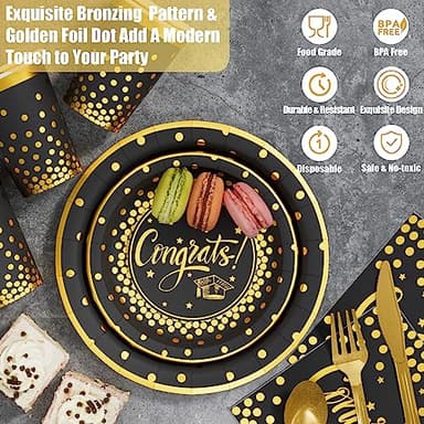 Ecomore 2025 Graduation Party Supplies, 350 PCS Congrats Grad Disposable Dinnerware Set (Severs 50) Paper Plates Cups Napkins Plastic Fork Knives Spoons for College 2025 Graduation Party - Black Gold - Image 4
