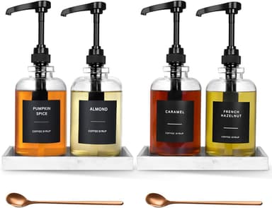 Coffee Syrup Dispenser for Coffee Bar, Glass Syrup Dispenser with Pump, Coffee Syrup Pump Dispenser Bottle with Tray, Spoon for Coffee Station, Coffee Bar Organizer, Black,16.9 oz, 500 ml - Image 2