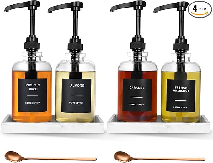 Coffee Syrup Dispenser for Coffee Bar, Glass Syrup Dispenser with Pump, Coffee Syrup Pump Dispenser Bottle with Tray, Spoon for Coffee Station, Coffee Bar Organizer, Black,16.9 oz, 500 ml - Image 1