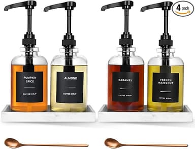 Coffee Syrup Dispenser for Coffee Bar, Glass Syrup Dispenser with Pump, Coffee Syrup Pump Dispenser Bottle with Tray, Spoon for Coffee Station, Coffee Bar Organizer, Black,16.9 oz, 500 ml - Image 1