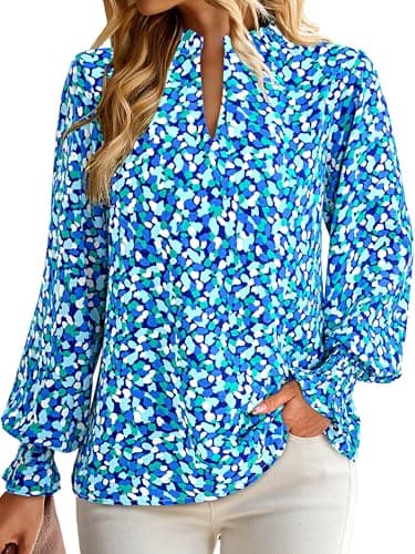 MASCOMODA Womens V Neck Floral Long Sleeve Tops 2025 Summer Casual Loose Puff Sleeve Chiffon Boho Work Blouse Dressy T Shirts(Blue,Large) - Image 4