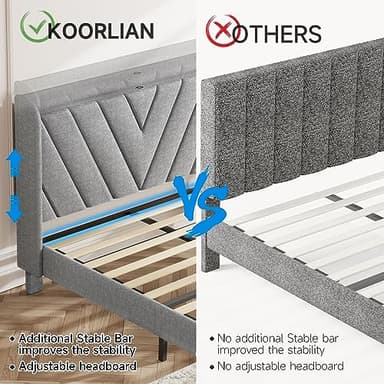 koorlian Queen Bed Frame, Linen Adjustable Upholstered Platform Bed Frame with Type-C&USB Port, Wingback Storage Headboard, Solid Wood Slats Support, No Box Spring Needed, Noiseless, Light Gray - Image 5