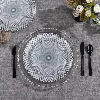 U-QE 20Pcs Black Plastic Plates - Starburst Vintage Plastic Plates Disposable Heavy Duty, Vintage Pattern Perfect for Weddings, Parties, Birthday - 10.25" Dinner Plate & 7.5" Dessert Plate - Image 6