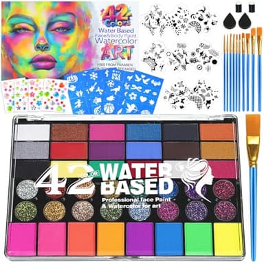 Professional Face Painting Kit for Kids – 42 Color Water Activated Facepaint Makeup Kit, Non-Toxic face Paint with Stencils, Gems, Brushes– for Halloween, Parties, Carnival, School Event & Festivals - Image 1