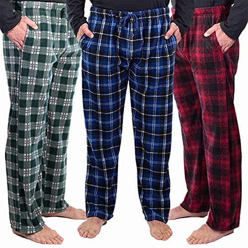 DG Hill (3 Pairs) Mens PJ Pajama Pants Bottoms Fleece Lounge Sleepwear Plaid PJs with Pockets Pants (Red, Blue & Green), Multicolor, Large: 33-35" waist - Image 1