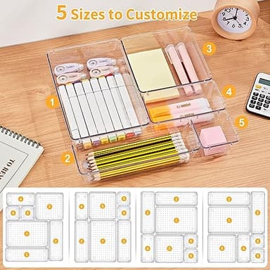 SMARTAKE 13-Piece Drawer Organizers with Non-Slip Silicone Pads, 5-Size Desk Bathroom Drawer Organizer Trays Storage Tray for Makeup, Jewelries, Utensils in Bedroom Dresser, Office and Kitchen, Clear - Image 8