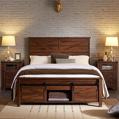 JXQTLINGMU Farmhouse Wood Bed Frame Queen Size with Sliding Barn Door Storage Cabinets and Headboard, Solid Wood Slats Support, Noiseless, No Box Spring Needed, Brown - Image 3