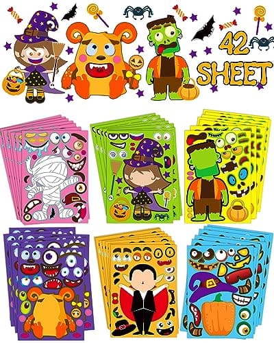 42 Sheets Halloween Party Favors Stickers for Kids, Halloween Crafts Make Your Own Stickers, Goodie Bag Fillers Toys Gifts Activities Games for Kids Party - Image 1