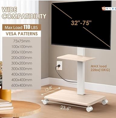Neothm Rolling TV Stand with Power Outlet for 32-75 Inch TVs up to 110 lbs, Tilt & Swivel Mobile TV Stand on Wheels Portrait Height Adjustable Mobile TV Cart with Wood Shelf, Max VESA 600x400mm White - Image 6