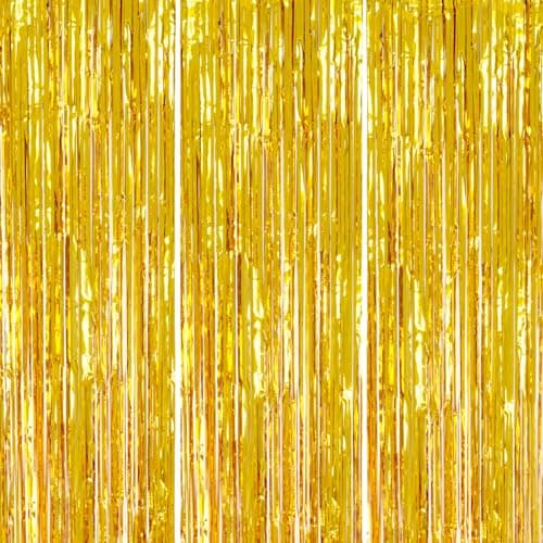 DECOCKRAT 3 Pack Foil Fringe Backdrop - Gold Shiny Tinsel Curtains for Party Decoration/Photo Booth Props - 3.3x8.2 FT Metallic Foil Backdrop for Birthday, Wedding, Graduation, Christmas. - Image 1