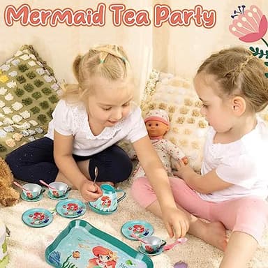 Lajeje Mermaid Tea Party Set for Little Girls, Kids Party Set Toys for 3 4 5 6 Year Old Girls, Pretend Toy Tin Tea Set & Carrying Case, Princess Tea Time Kitchen Play Toys, Birthday Gifts for Girls - Image 6