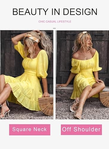 Dokotoo Womens Yellow Sexy Dress Square Neck Shirred Elastic Waist Lantern Sleeve Ruffle Tie Back A-Line Mini Dress Casual Summer Dresses for Women Large - Image 2