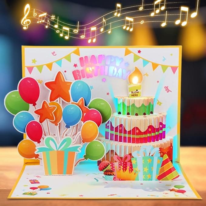 MZD8391 Birthday Cards Pop Up Cake with Blowable Candle Light, Music Happy Birthday Card Gifts for Men Women Kids Mom Grandma - Image 1