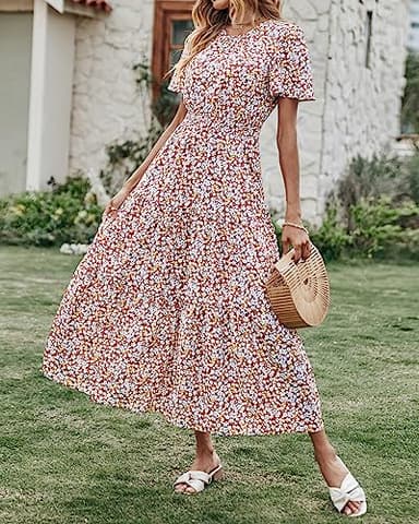 PRETTYGARDEN Women's Summer Casual Short Flutter Sleeve Round Neck Smocked Waist Tiered Boho Floral Flowy Maxi Dress(Floral and Leave Brown White,XX-Large) - Image 3