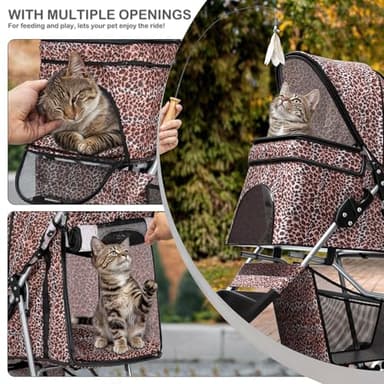 MoNiBloom 3 Wheels Pet Dog Cat Stroller for Small Medium Dogs Cats, Lightweight Foldable Jogger Stroller w/Storage Basket & Cup Holder, Leopard Print - Image 7