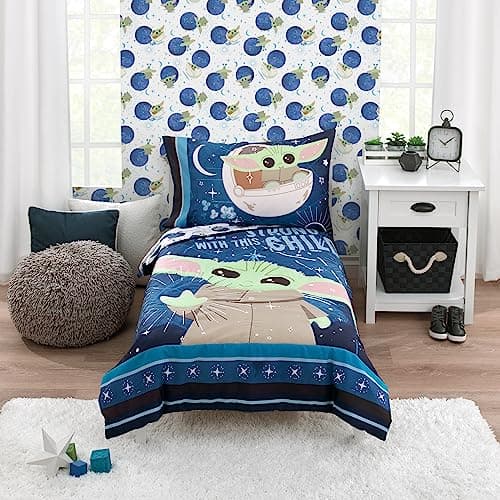NoJo Star Wars The Child Little Bounty Blue, Green and White Grogu The Force is Strong with This Child 4 Piece Toddler Bed Set Comforter, Fitted Bottom Sheet, Flat Top Sheet and Reversible Pillowcase - Image 1