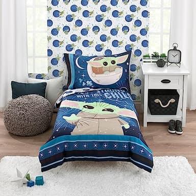 NoJo Star Wars The Child Little Bounty Blue, Green and White Grogu The Force is Strong with This Child 4 Piece Toddler Bed Set Comforter, Fitted Bottom Sheet, Flat Top Sheet and Reversible Pillowcase - Image 1