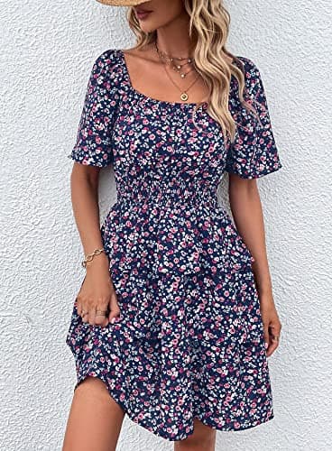 PRETTYGARDEN Women's 2025 Floral Summer Short Dress Square Neck Short Sleeve Tiered Ruffle Boho Swing Dresses (Blue Purple Floral,Medium) - Image 4
