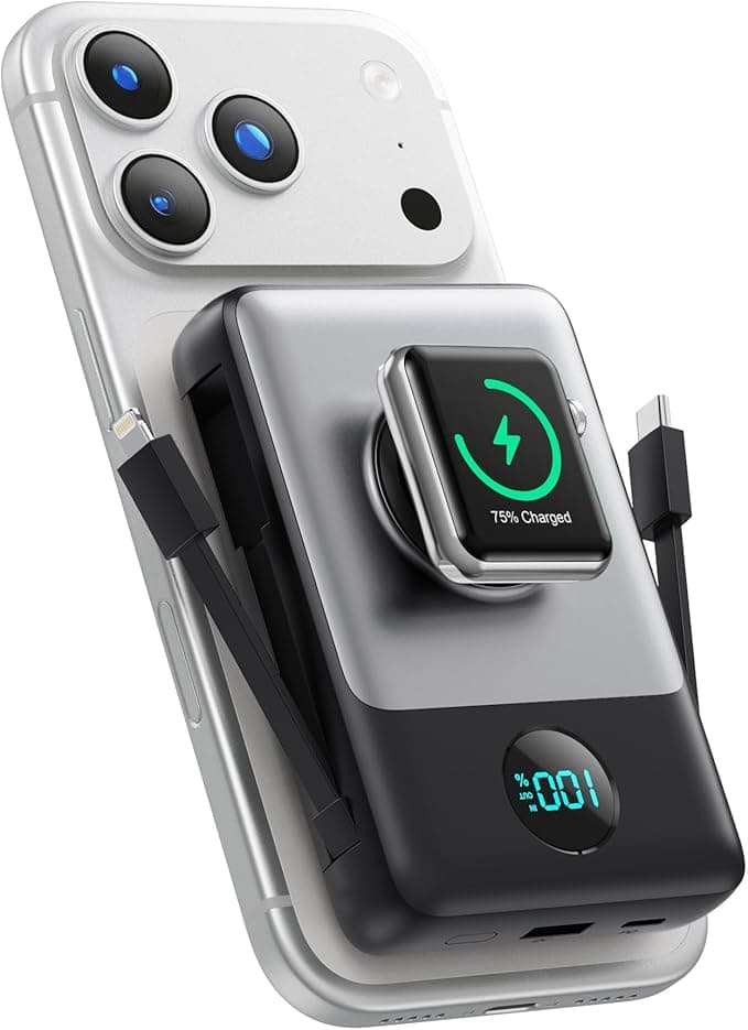 6 in 1 Magnetic Portable Charger for iPhone with Built-in Cables, 10800mAh 25W PD Fast Charging Power Bank, 6 Outputs LCD Display Travel Essential Battery Pack for iPhone 17/16/15/14/13/12,Apple Watch - Image 1