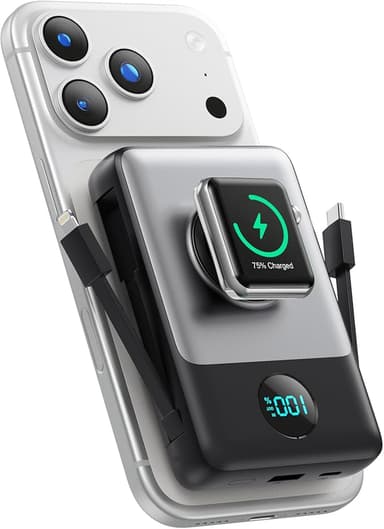 6 in 1 Magnetic Portable Charger for iPhone with Built-in Cables, 10800mAh 25W PD Fast Charging Power Bank, 6 Outputs LCD Display Travel Essential Battery Pack for iPhone 17/16/15/14/13/12,Apple Watch - Image 1