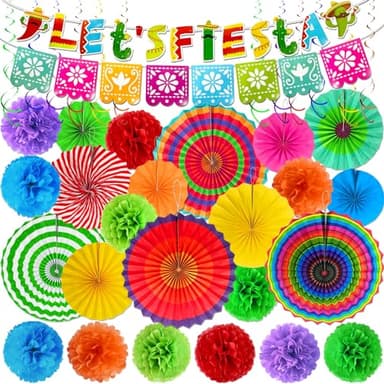 [ 5 Varieties ] 38 Pieces Cinco De Mayo Party Decorations, Fiesta Decorations Mexican Theme Party Supplies, Papel Picado Banner Paper Fans Pom Poms Hanging Swirls for Taco Tuesday Luau - Image 1