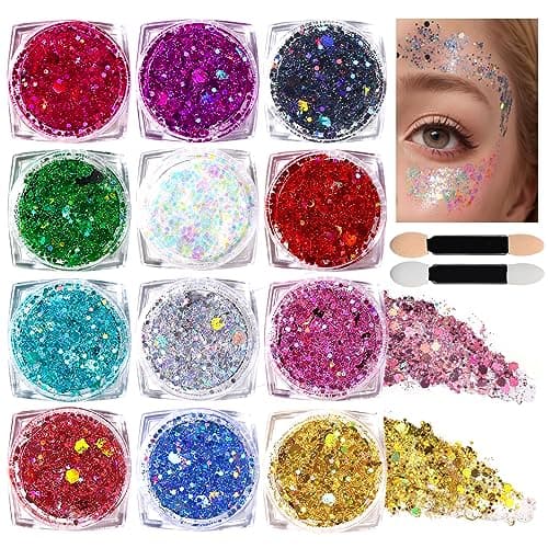 Teenitor Body Glitter Face Glitter Makeup Festival Glitter, 12 Colors Face and Body Glitter Gel, Hair Glitter Gel, Body Makeup - Image 1