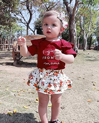 Mioglrie Newborn Baby Girl Clothes Romper Shorts Set Summer Clothes Floral Infant Girl Clothes Ruffle Clothing Wine Red Baby Girl Clothes 3-6 Months - Image 2