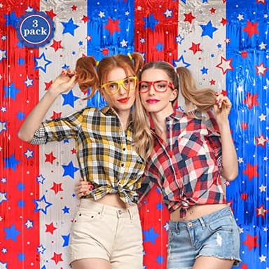 LOLStar 4th of July decorations, 3 Pack Red White Blue Decorations, 3.3x6.6ft Star Pattern Tinsel Foil Fringe Curtains, Photo Booth Props Backdrop for Memorial Day, Patriotic, USA Party Decor Supplies - Image 2