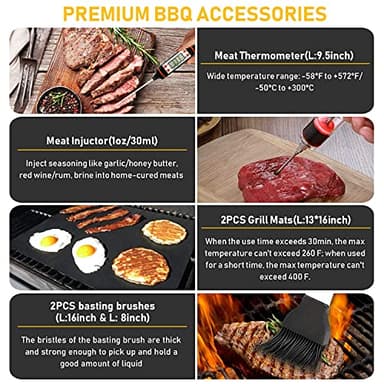 34Pcs Grill Accessories Grilling Gifts for Men, 16 Inches Heavy Duty BBQ Accessories, Stainless Steel BBQ Tools with Thermometer, Grill Mats for Backyard, BBQ Set for Men Women - Image 6