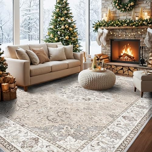 10x14 Washable Vintage Area Rug - Large Rugs for Living Room Soft Stain Resistant Carpet with Non-Slip Backing Low Pile Water Resistant Rug for King Size Bed Pet Friendly Home Decor Mat(10x14 Beige) - Image 1