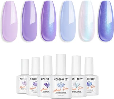 modelones Gel Nail Polish Set, 6 Colors White Blue Shimmer Violet Mermaid Hema Free Purple Summer Glitter Periwinkle Nails Soak Off Led Nail Gel Polish for Women Girl DIY Nail Art Gift - Image 2