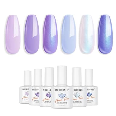modelones Gel Nail Polish Set, 6 Colors White Blue Shimmer Violet Mermaid Hema Free Purple Summer Glitter Periwinkle Nails Soak Off Led Nail Gel Polish for Women Girl DIY Nail Art Gift - Image 1