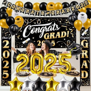 JOYIN Graduation Party Decorations Class of 2025, Black & Gold Grad Celebration Supplies Set with Backdrop Banner, Porch Sign, Balloons, Foil Number 2025, Hanging Strip for High School College Grad - Image 5