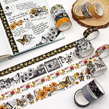 KOVANO Washi Tape Set 14 Rolls, Vintage Bee Floral Butterfly Botanical Washi Tape, Yellow Black Decorative Tapes for Scrapbooking Supplies, Junk Journal, Bullet Journaling, Art Crafts - Image 3