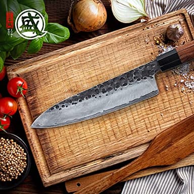 MITSUMOTO SAKARI Gyuto Chef Knife 8 inch - Hand Forged Japanese Kitchen Knives, 3-Layer 9CR18MOV High Carbon Steel, Rosewood Handle & Sandalwood Box - Image 8