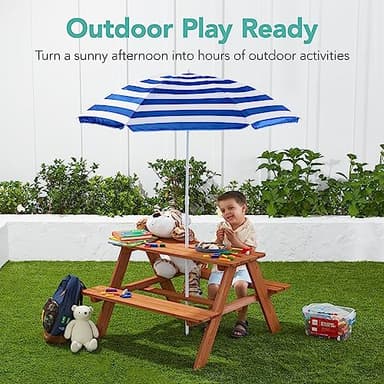 Best Choice Products Kids Wooden Picnic Table, Outdoor Activity & Dining Table w/Adjustable Collapsible Umbrella, Built-in Seats - Golden Brown/Navy - Image 4