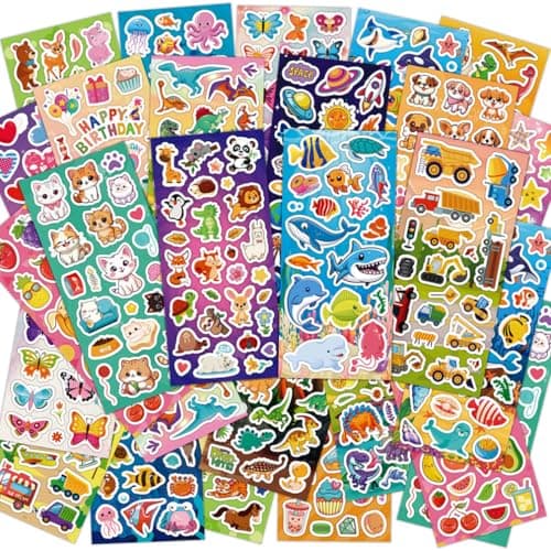 KARSLORA 36 Sheets Stickers for Kids, 800+ Stickers for Scrapbooking Including Animals, Fruits, Dinosaurs, Hearts, Cats, Fish, Cars, Space and More, Party Favors for Kids - Image 1