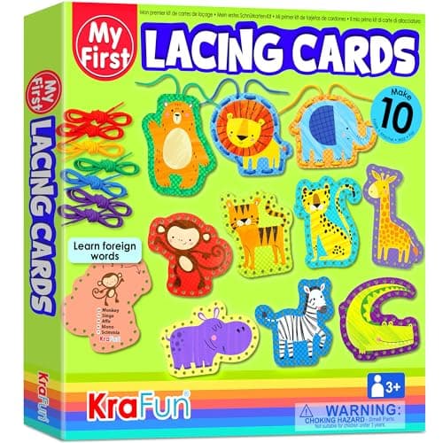 KRAFUN Safari Animal Preschool Arts & Crafts Lacing Kit, 10 Easy Lacing Cards for Toddlers Fine Motor Skills - Image 1