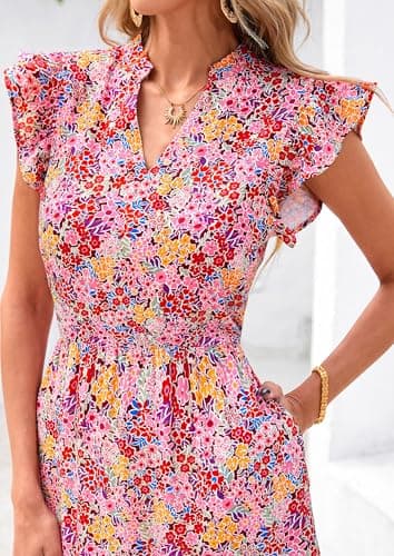 PRETTYGARDEN Women's 2025 Summer Floral Midi Dress Cap Sleeve V Neck Ruffle Long Flowy Boho Casual Beach Vacation Dresses (Floral Wine Red,Small) - Image 5