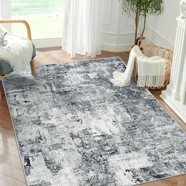 Washable Rugs 5X7 Large Neutral Modern Non Slip Foldable Thin Under Dining Table Dining Room Floor Cove Black - Image 3