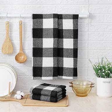 Mordimy 100% Cotton Waffle Weave Kitchen Towels, 13 x 28 Inches, Super Soft and Absorbent Buffalo Check Dish Towels for Drying Dishes, 4-Pack, Black & White - Image 2