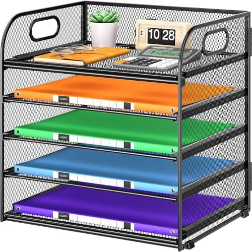 Cawukege 5 Tier Paper Organizer with Handle, Metal Mesh Desk Organizer File Folder Paper Letter Tray Desktop Document Sorter for Classroom, School, Office Accessories Organization and Storage - Black - Image 1