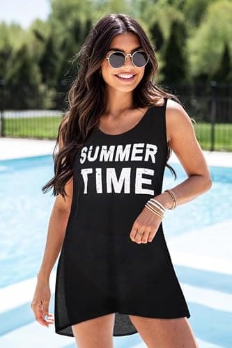 elescat Womens Swim Cover Ups T Shirt Beach Casual Dress Sleeveless Bikini Coverup(Black Letters,S) - Image 3